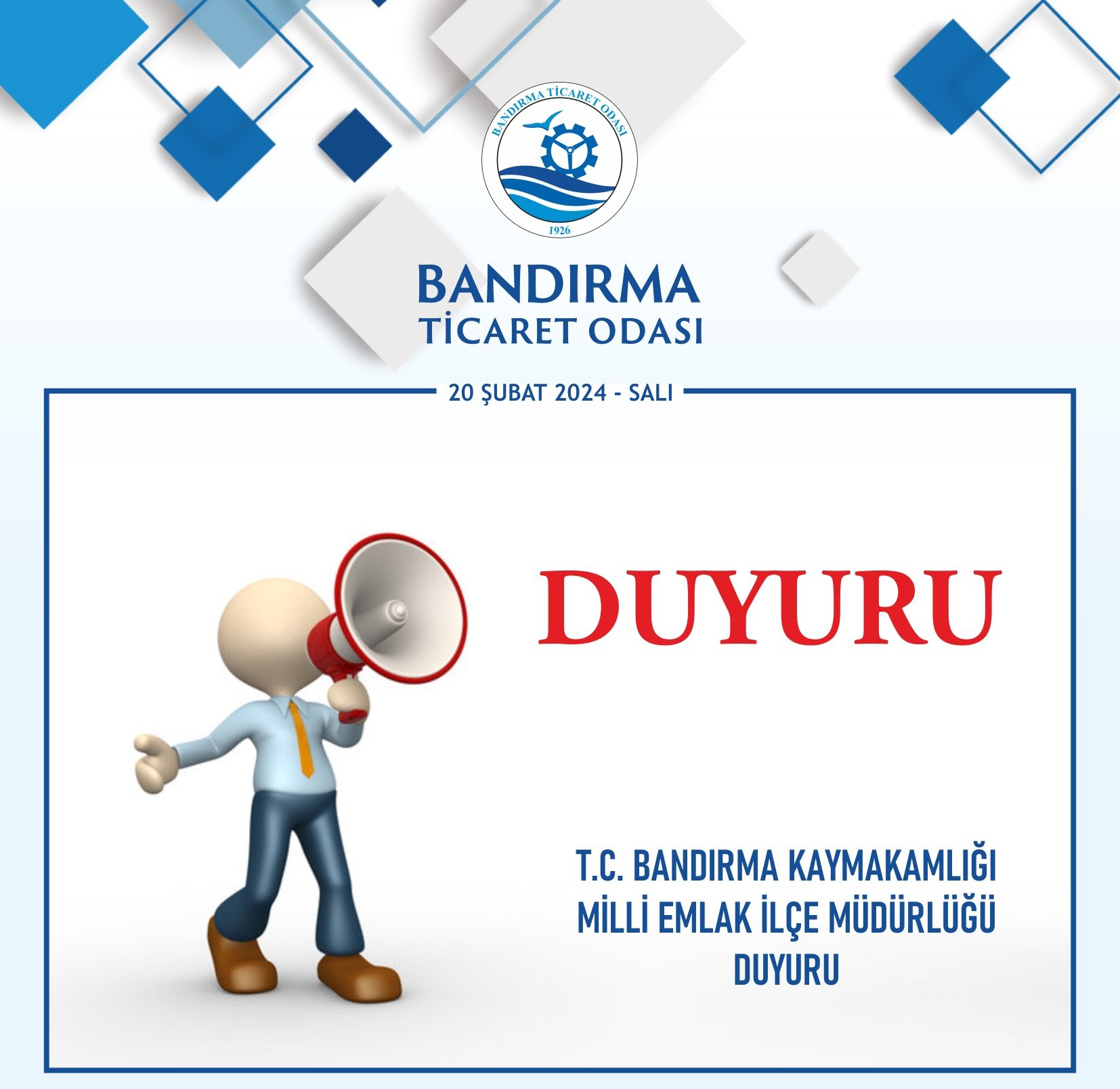 T.C. BANDIRMA KAYMAKAMLIĞI  MİLLİ EMLAK İLÇE MÜDÜRLÜĞÜ DUYURU