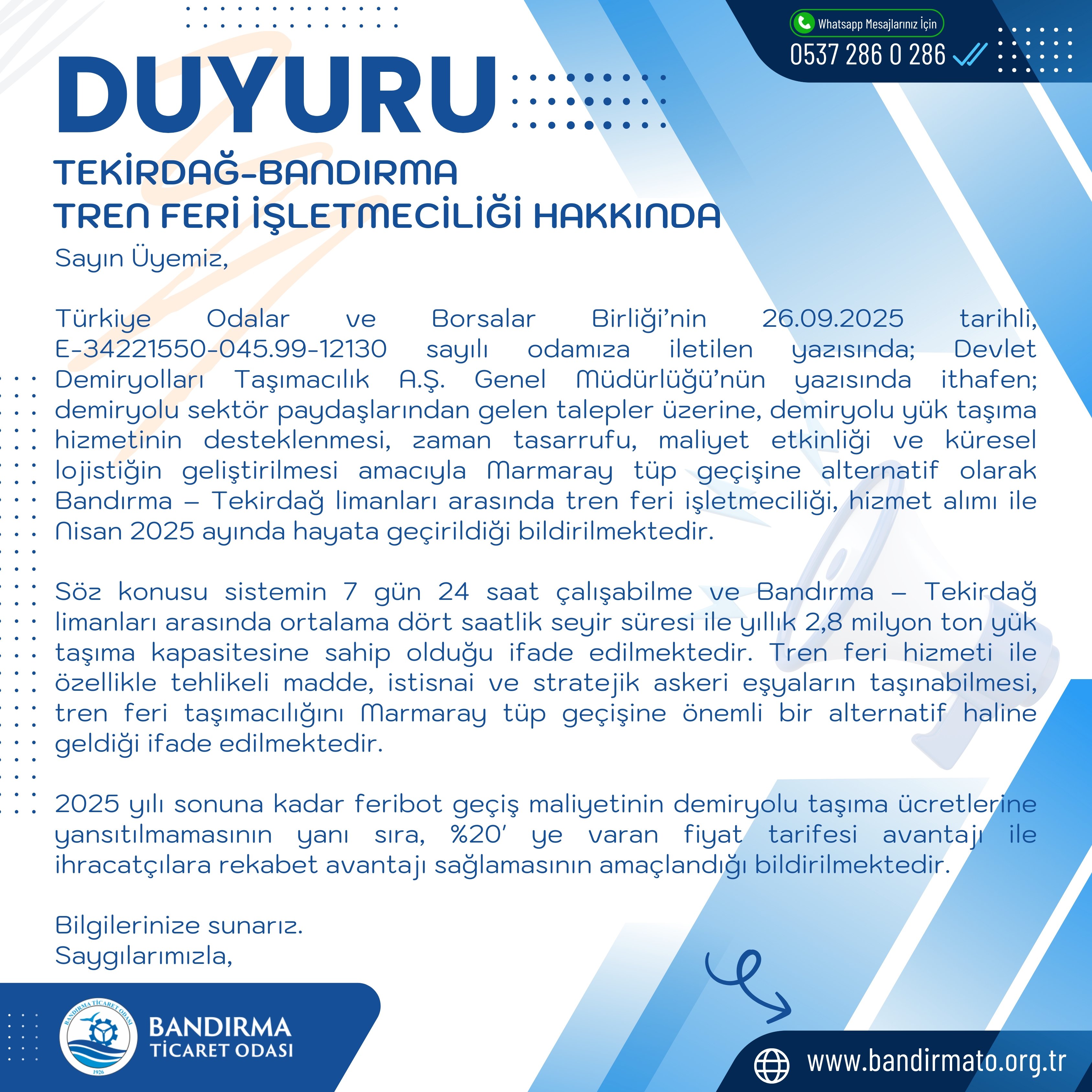 Tekirdağ-Bandırma Tren Feri İşletmeciliği Hakkında