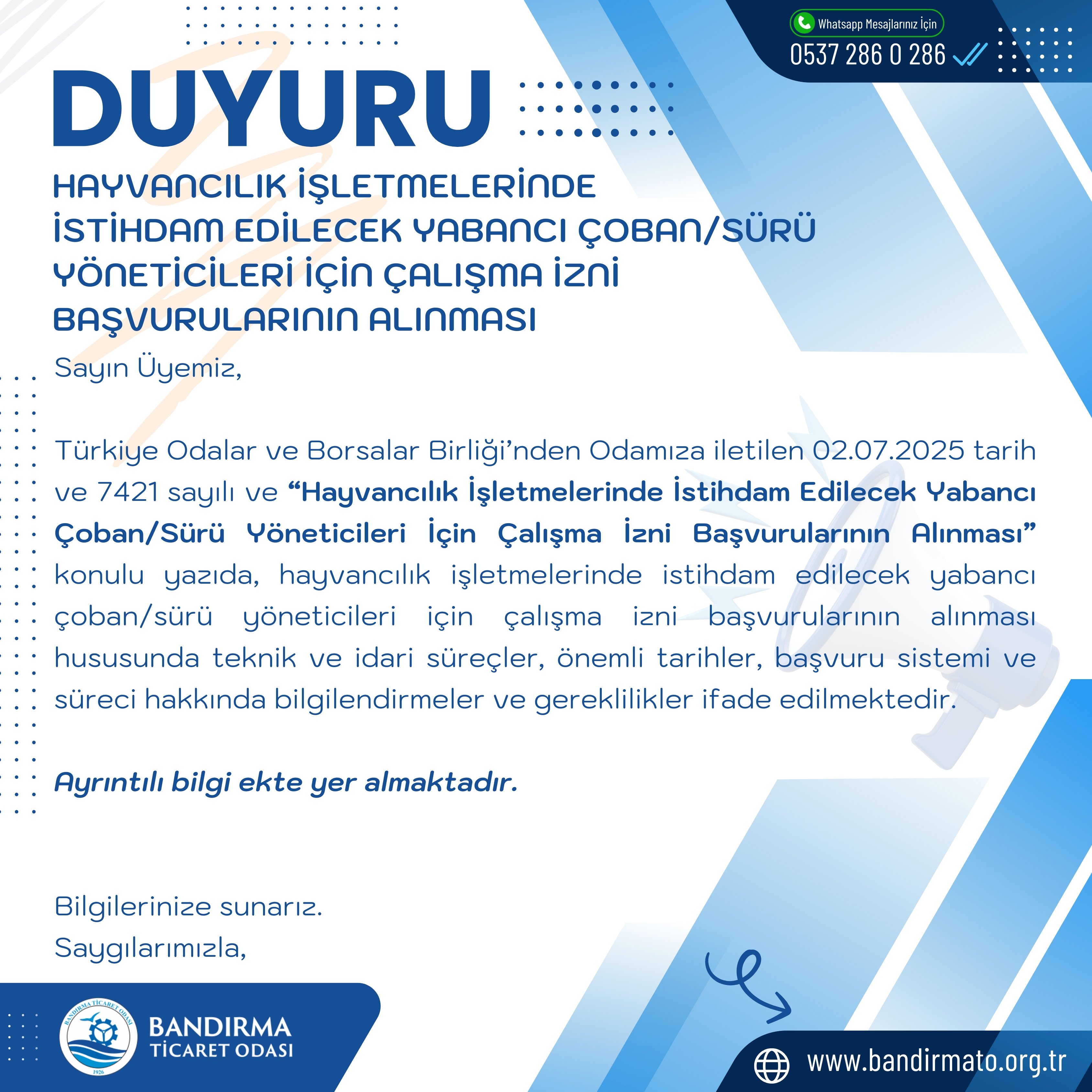 HAYVANCILIK İŞLETMELERİNDE İSTİHDAM EDİLECEK YABANCI ÇOBAN/SÜRÜ YÖNETİCİLERİ İÇİN ÇALIŞMA İZNİ BAŞVURULARININ ALINMASI