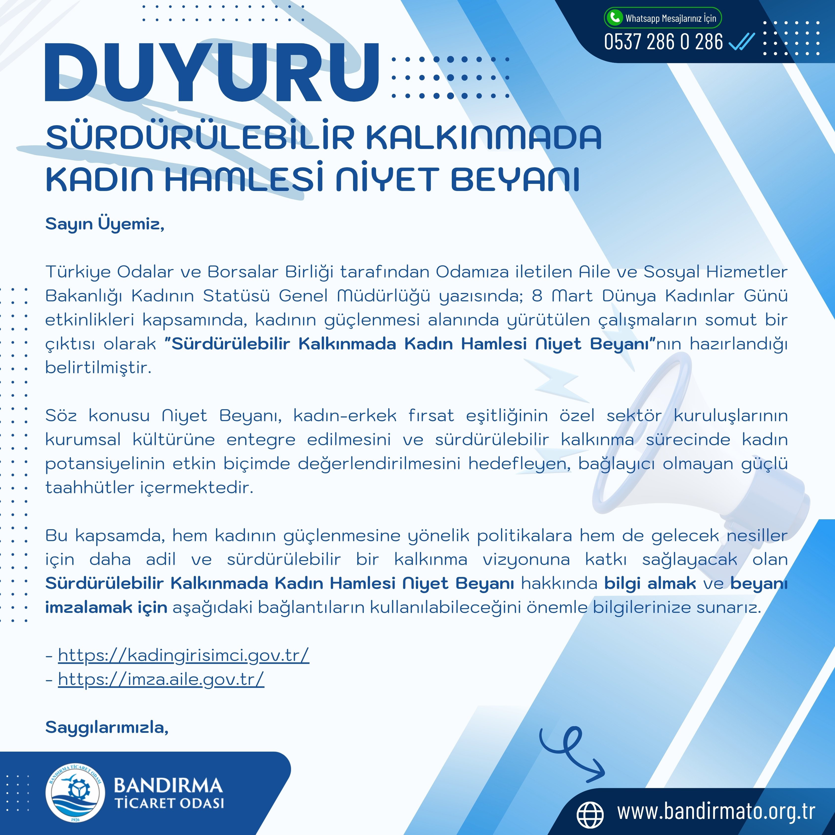 SÜRDÜRÜLEBİLİR KALKINMADA KADIN HAMLESİ NİYET BEYANI