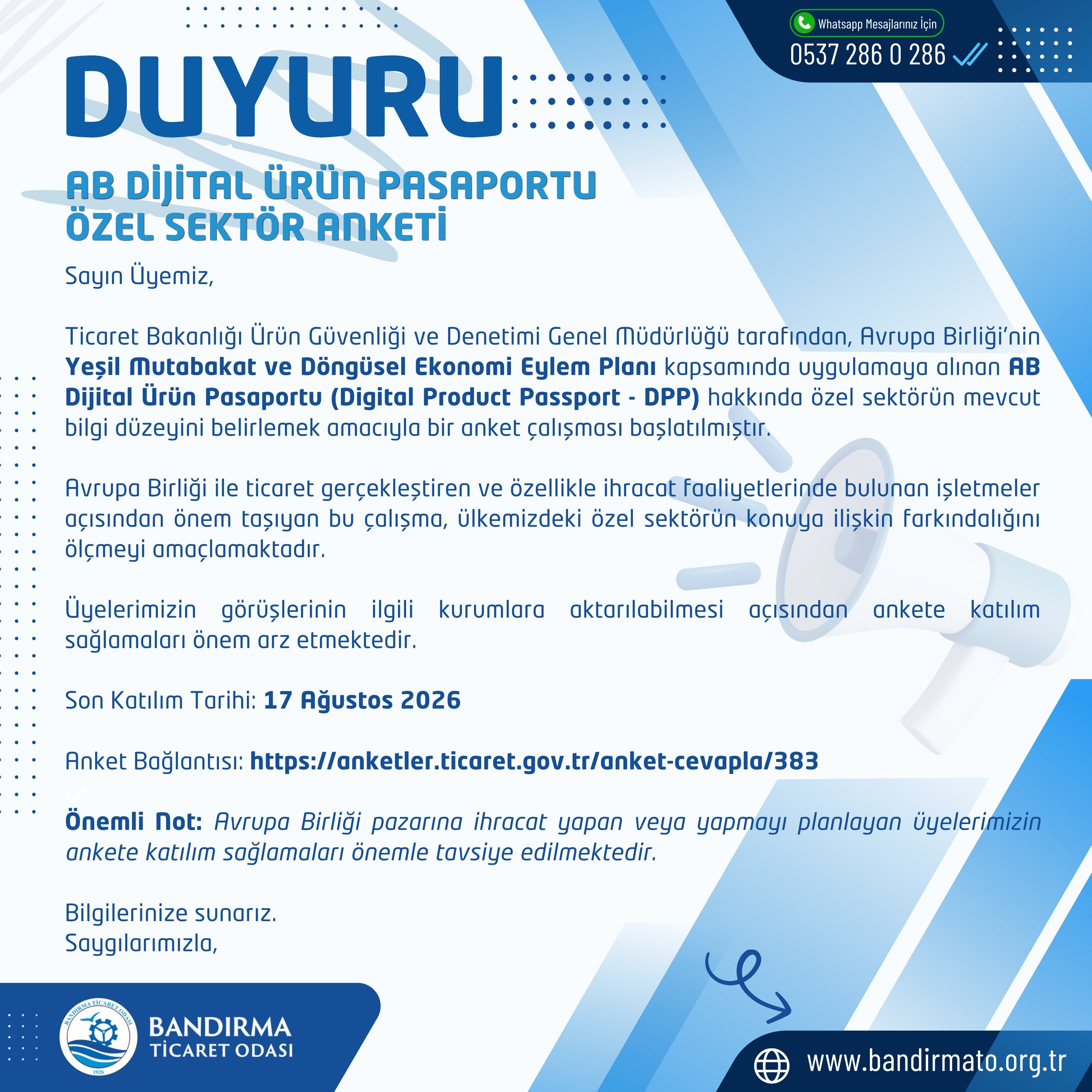 AB DİJİTAL ÜRÜN PASAPORTU  ÖZEL SEKTÖR ANKETİ