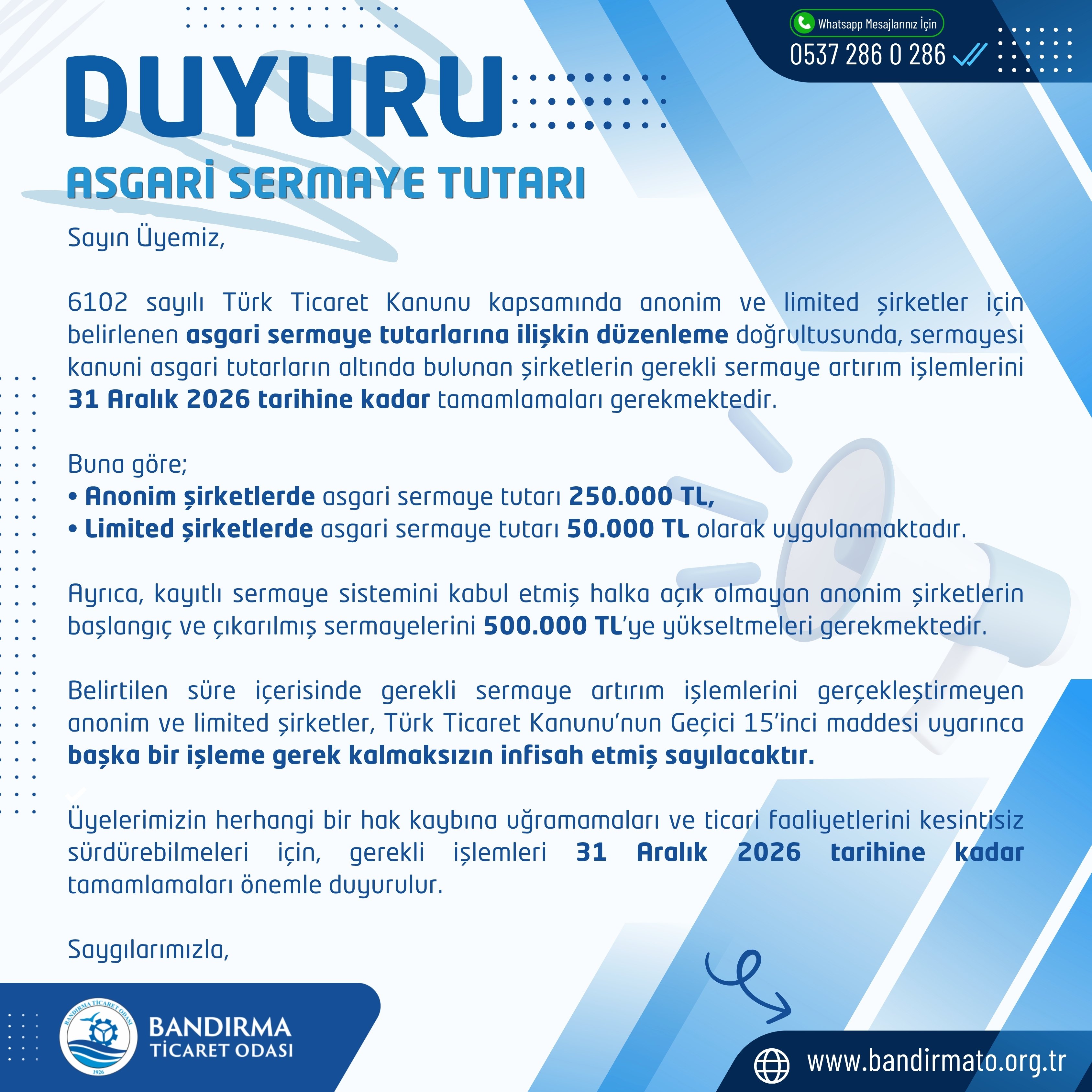 SERMAYE TUTARLARINA İLİŞKİN ÖNEMLİ DUYURU