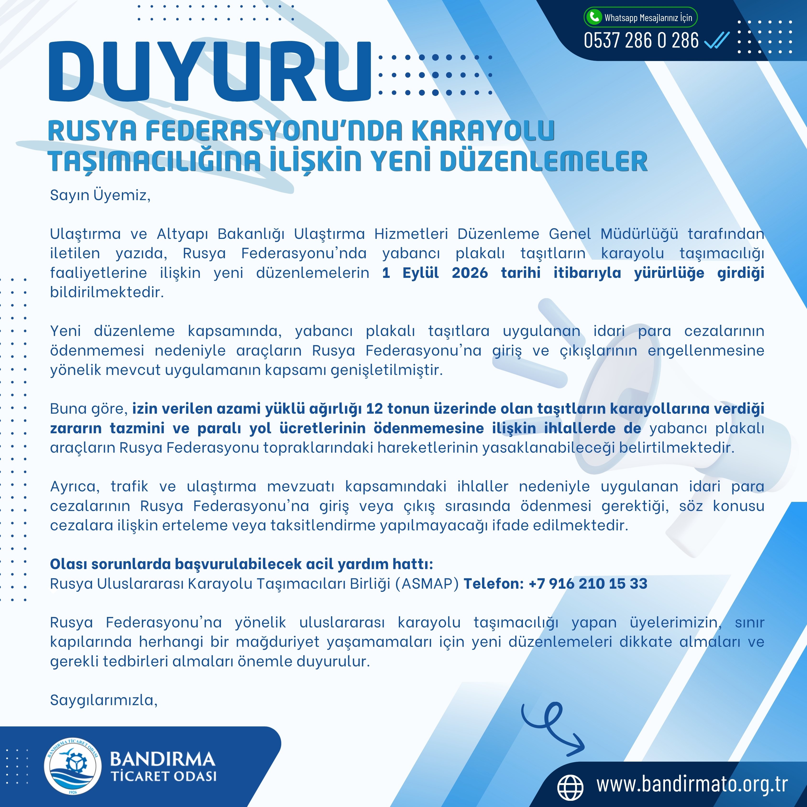 RUSYA FEDERASYONU'NDA KARAYOLU TAŞIMACILIĞINA İLİŞKİN YENİ DÜZENLEMELER