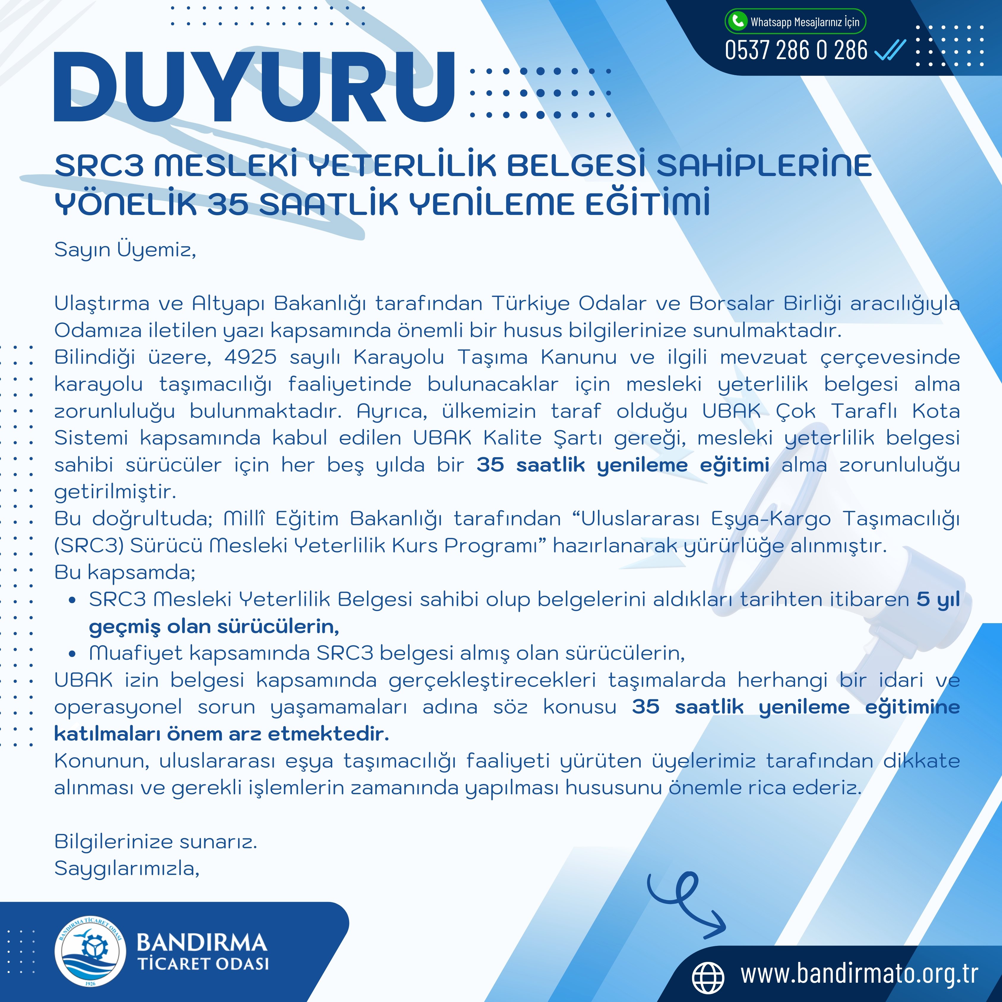 SRC3 MESLEKİ YETERLİLİK BELGESİ SAHİPLERİNE YÖNELİK 35 SAATLİK YENİLEME EĞİTİMİ